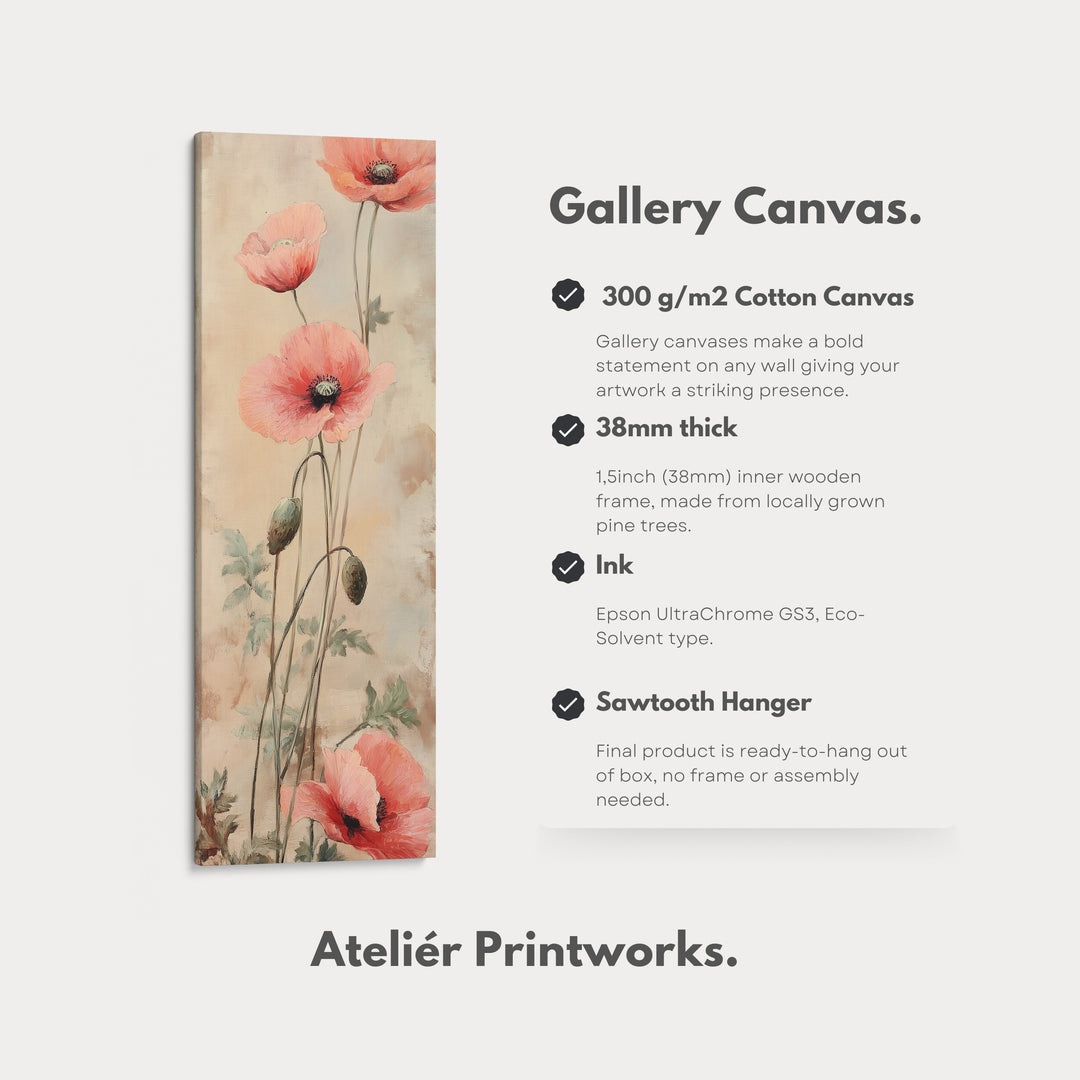 Vertical Long Wall Art Vintage Poppies Large Canvas Decor - V0077