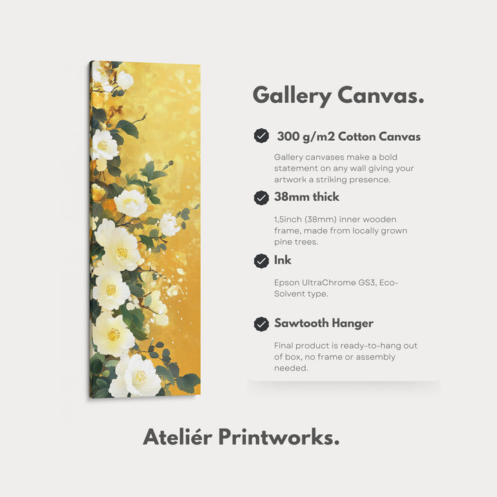 Vertical White & Gold Floral Long Framed Canvas Decor - V0204