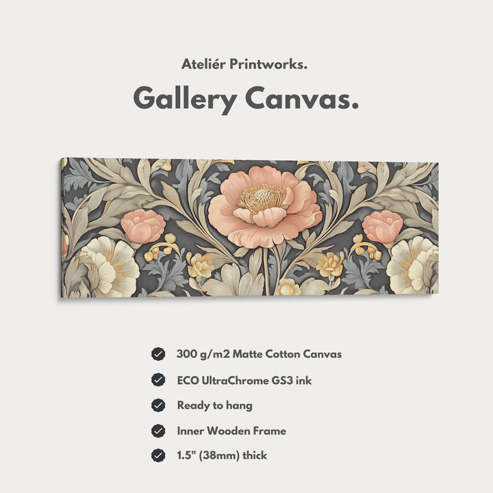 Vintage Floral Pattern Large Framed Canvas Long Narrow Horizontal Wall Art - H0083
