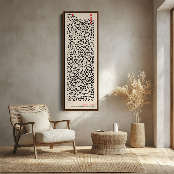 Yayoi Kusama Style Long Framed Canvas – Large Vertical Japanese Abstract Wall Art, Japandi Style, Japanese Poster Print