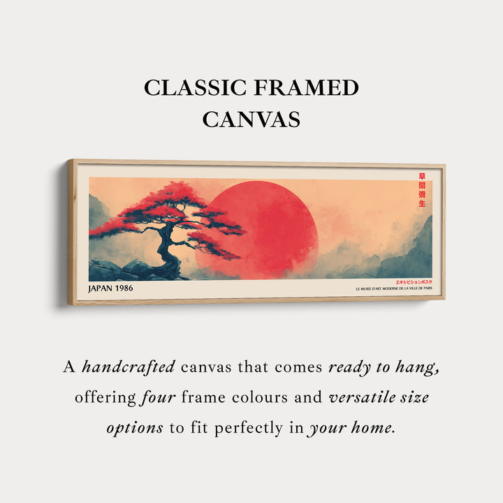 Red Sun and Bonsai – Long Narrow Japandi Wall Art Japanese Tree Landscape Canvas