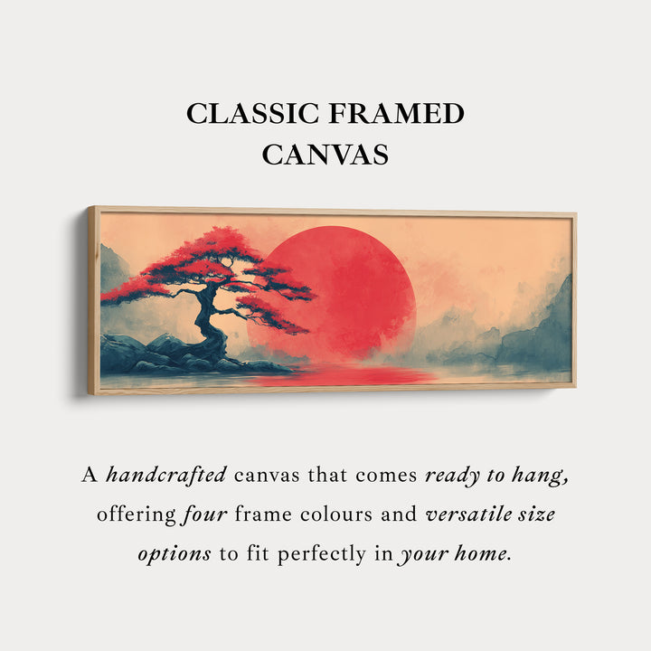 Bonsai Tree with Red Sun – Long Narrow Japanese Landscape Canvas - Japandi Wall Art