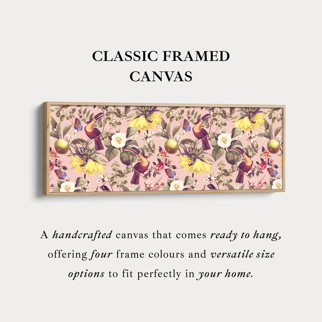 Long narrow canvas tropical botanical with toucans and citrus fruit for living room or bedroom