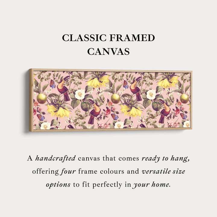 Long narrow canvas tropical botanical with toucans and citrus fruit for living room or bedroom