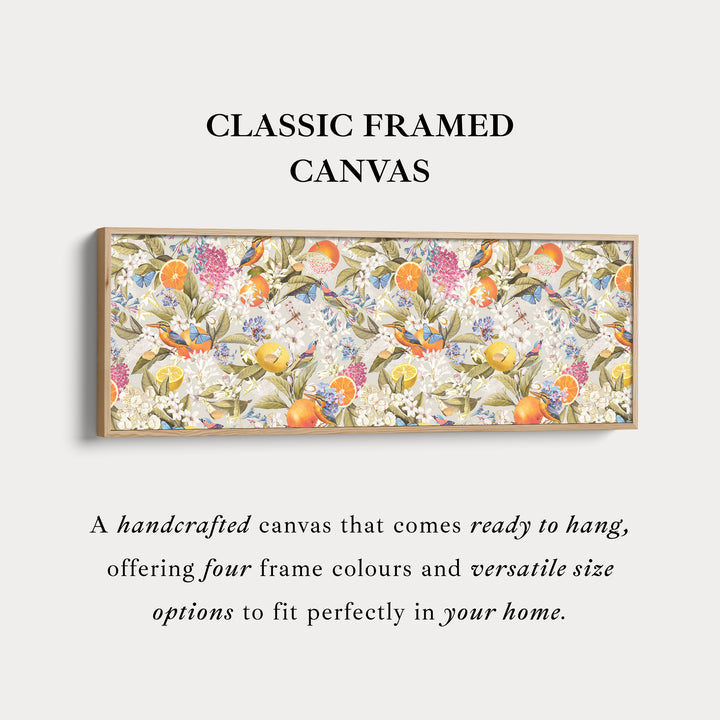 Wide wall art bright botanical with oranges butterflies and birds for living room or bedroom