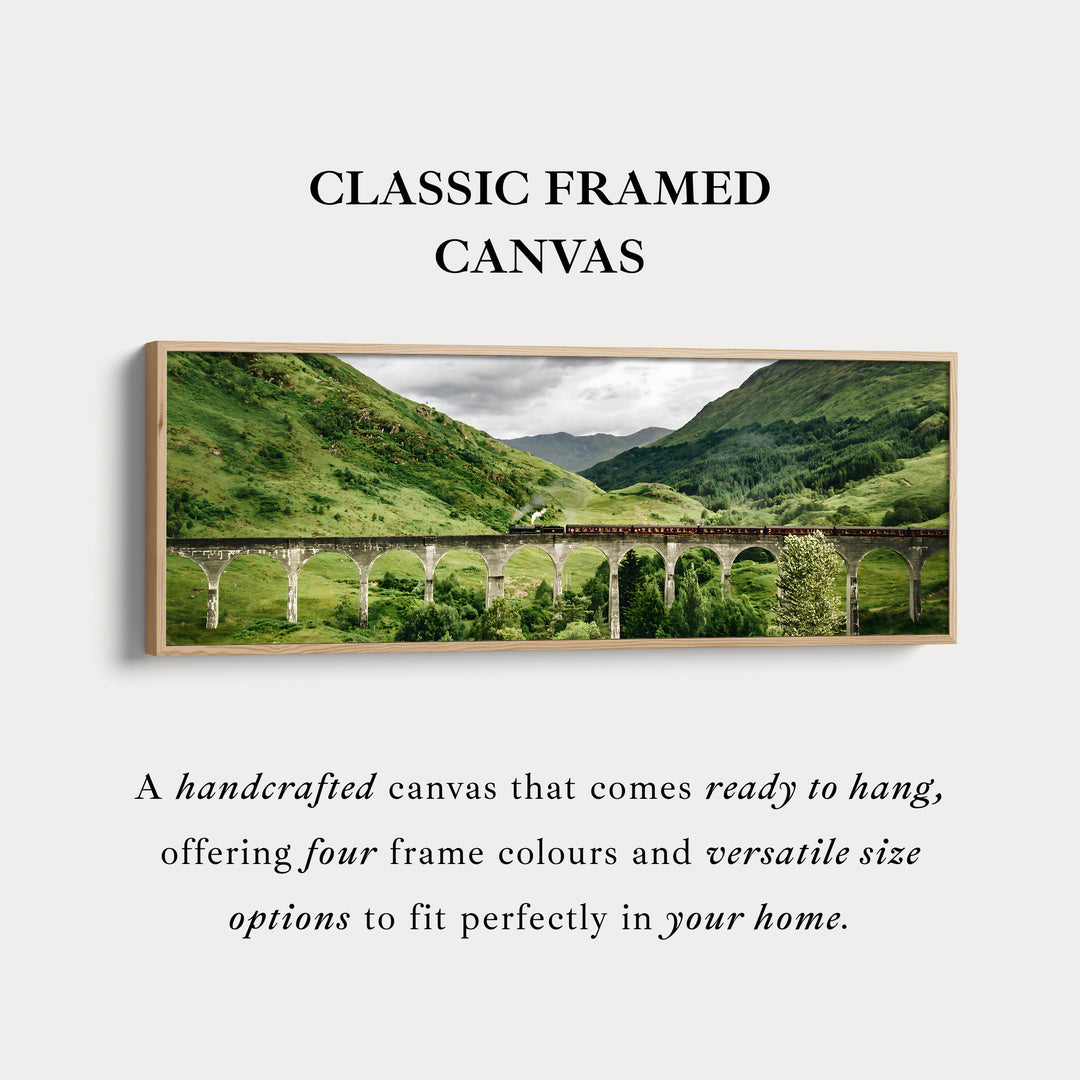 Long framed canvas train crossing glenfinnan viaduct in green highlands for living room or bedroom