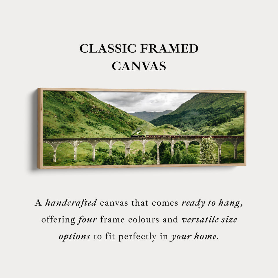 Long framed canvas train crossing glenfinnan viaduct in green highlands for living room or bedroom