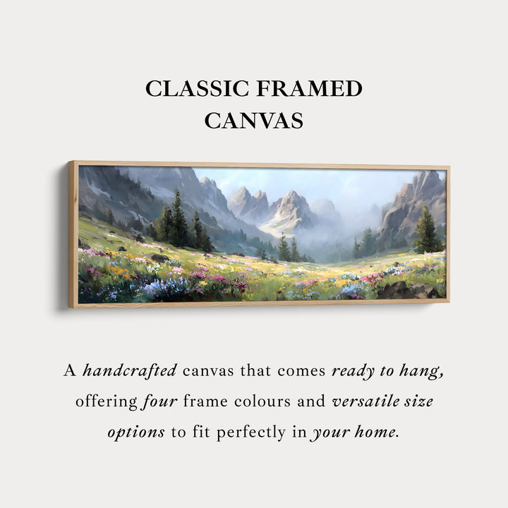Long narrow canvas misty mountain meadow with wildflowers for living room or bedroom