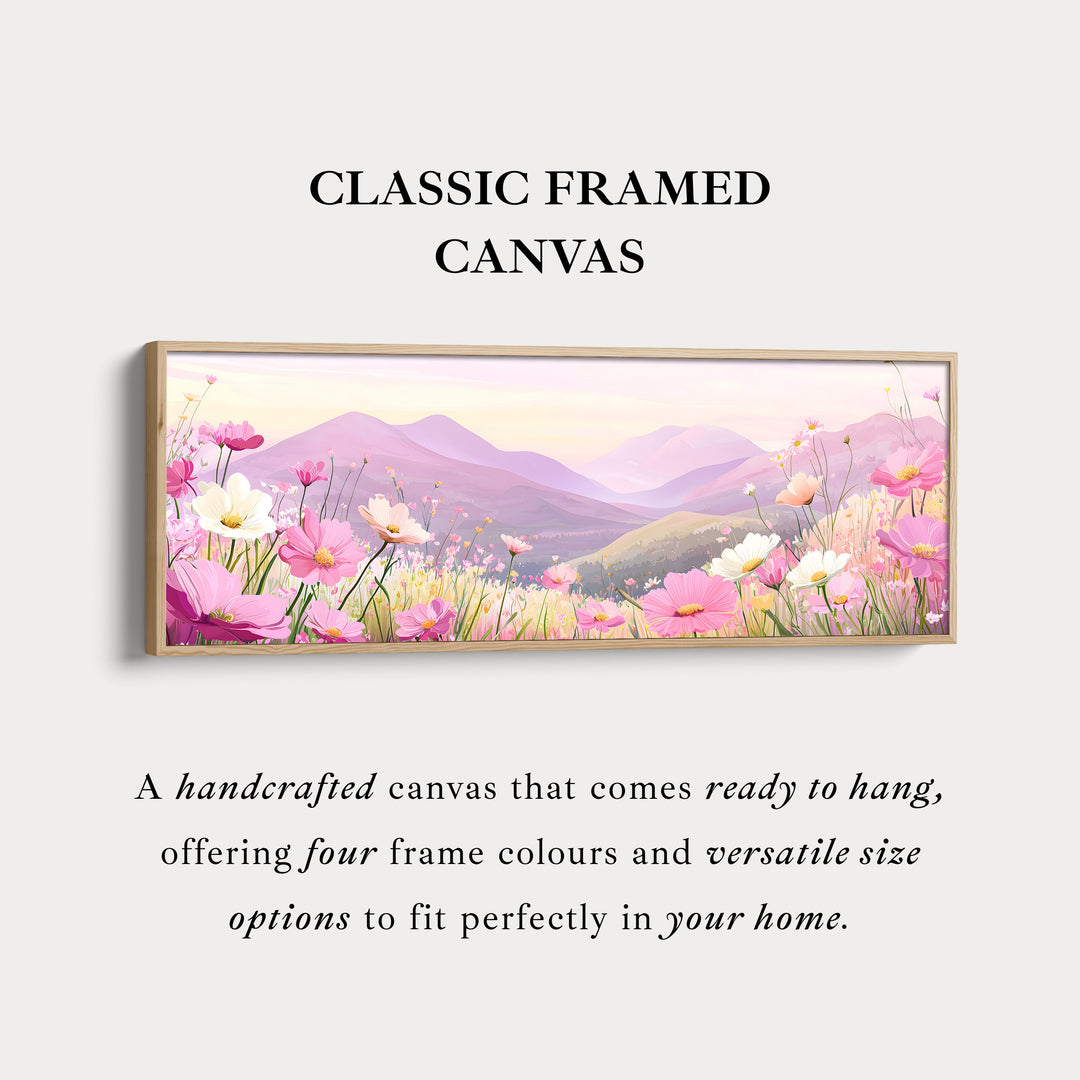 Horizontal Wall Art Pink Floral Meadow Long Canvas For Bedroom Or Living Room