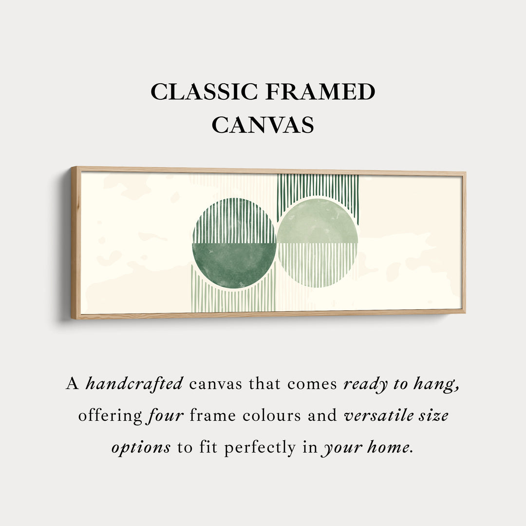 Long Framed Canvas Modern Green Circles With Textured Stripes For Living Spaces
