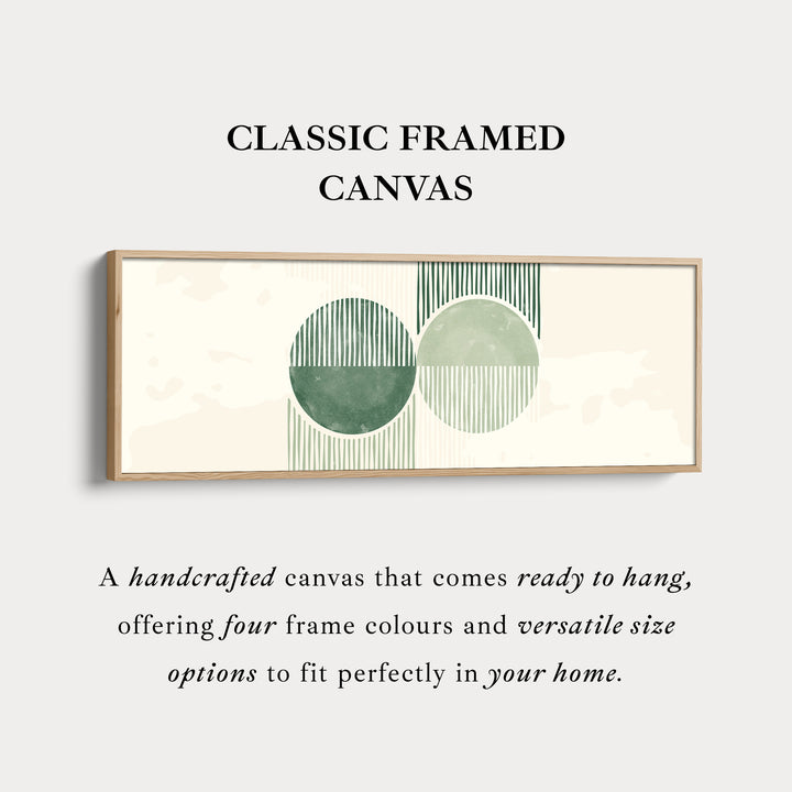 Long Framed Canvas Modern Green Circles With Textured Stripes For Living Spaces