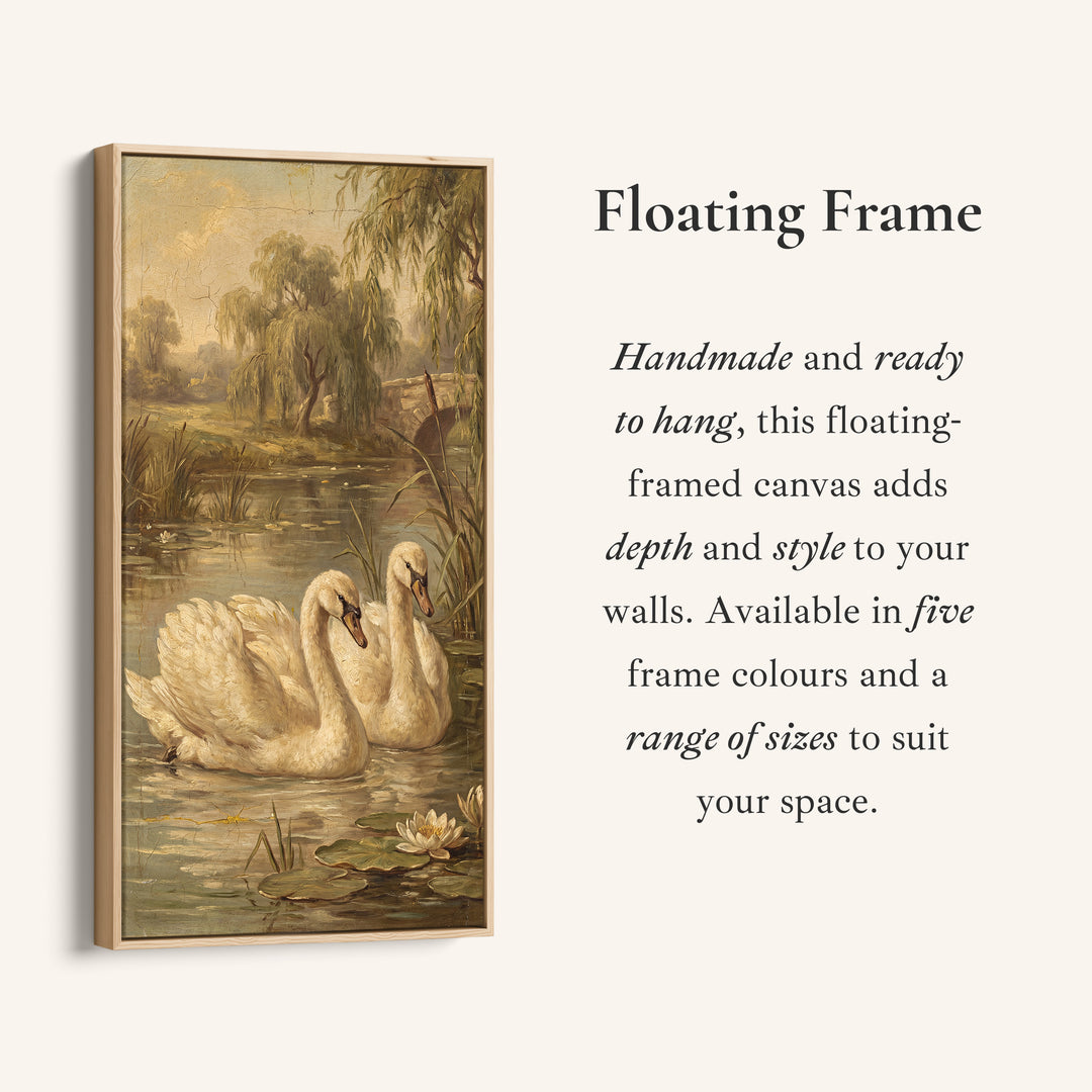 Swans On Pond Tall Wall Art Framed Canvas Print For Bedroom