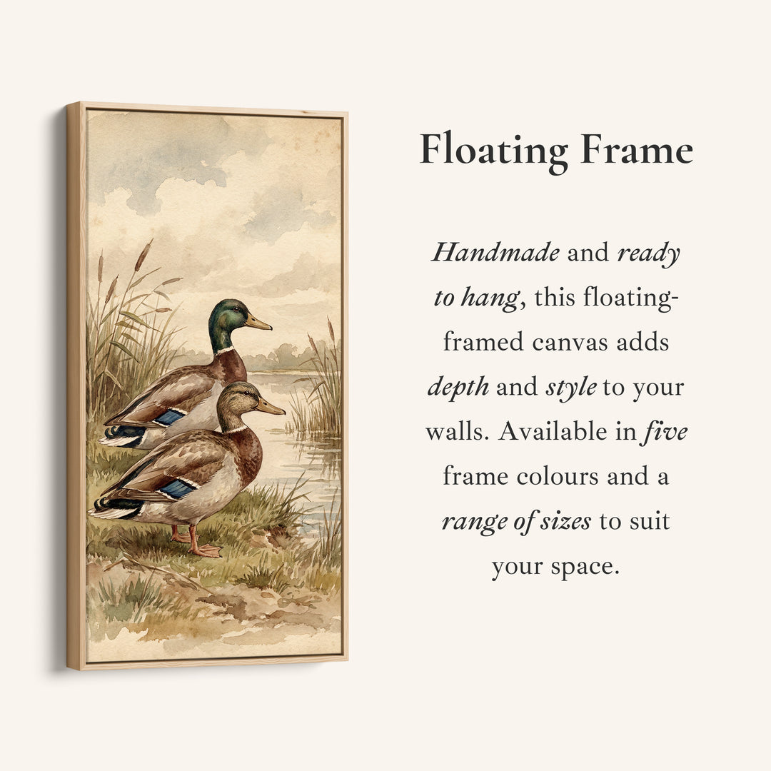 Mallard Ducks Riverbank Narrow Wall Art Vertical Canvas For Kitchen