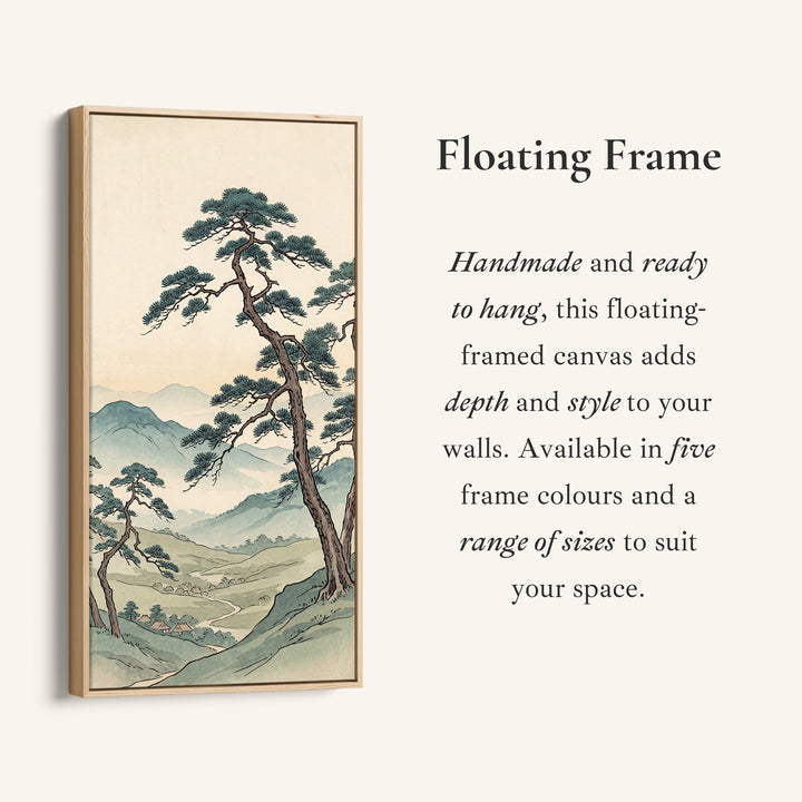 Narrow Japanese Wall Art Pine Tree Valley Vertical Canvas For Living Room