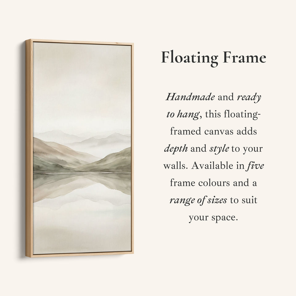 Minimal Misty Mountains Reflection Tall Narrow Canvas Framed Canvas Print For Bedroom