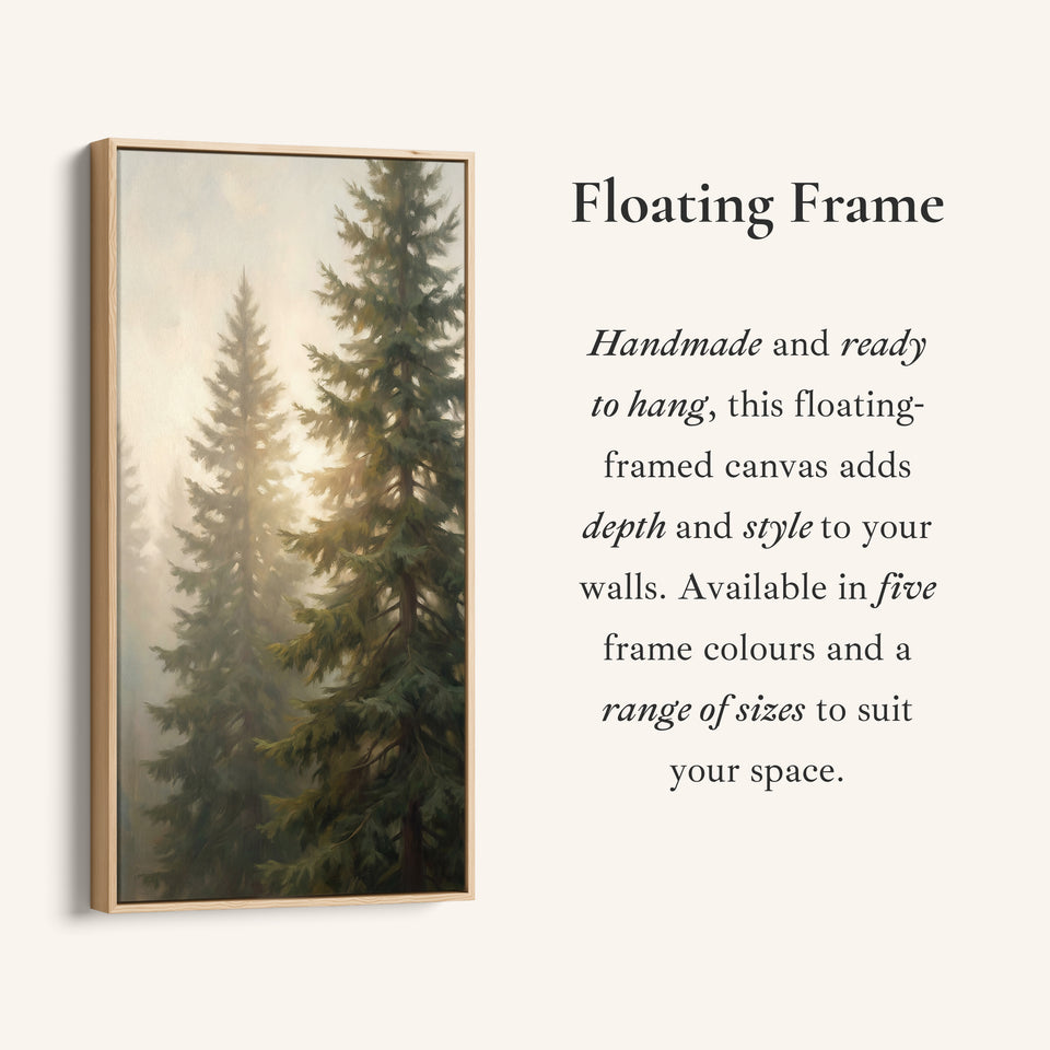 Evergreen Trees In Haze Tall Wall Art Framed Canvas Print For Bedroom
