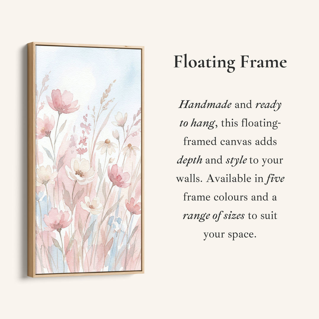 Long Wall Art Soft Pink Watercolour Flowers Tall Canvas For Bedroom