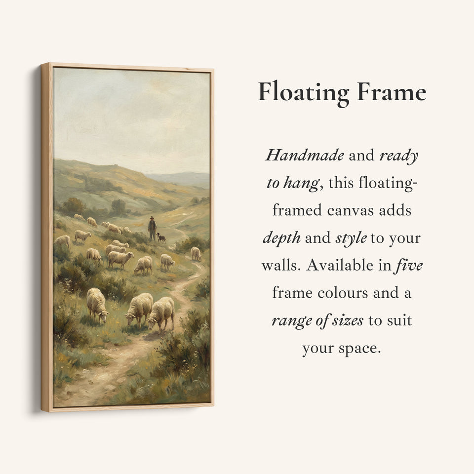 Shepherd With Sheep Hillside Vertical Wall Art Framed Canvas Print For Office