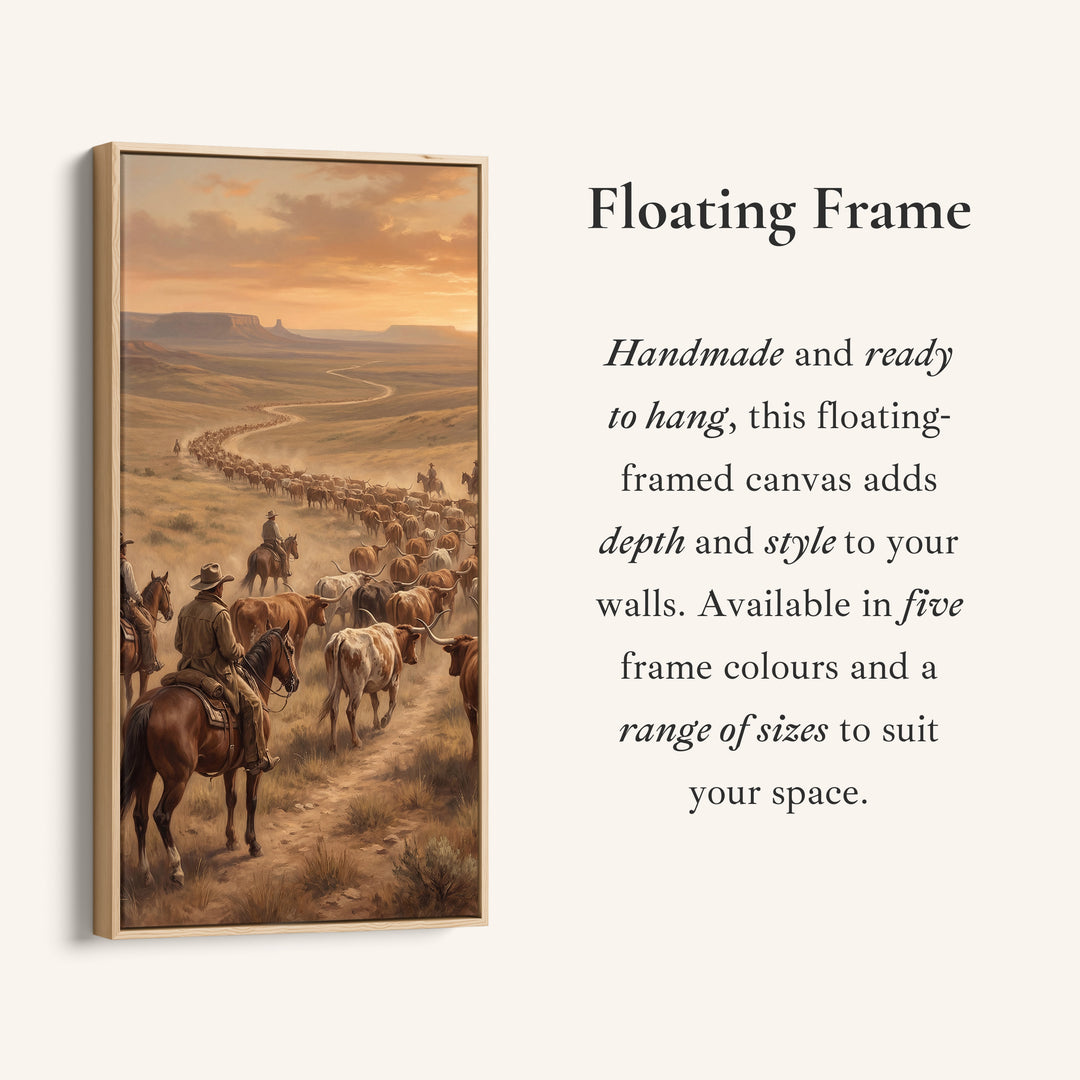 Large Vertical Wall Art Tall Framed Canvas Cattle Drive With Cowboys For Hallway