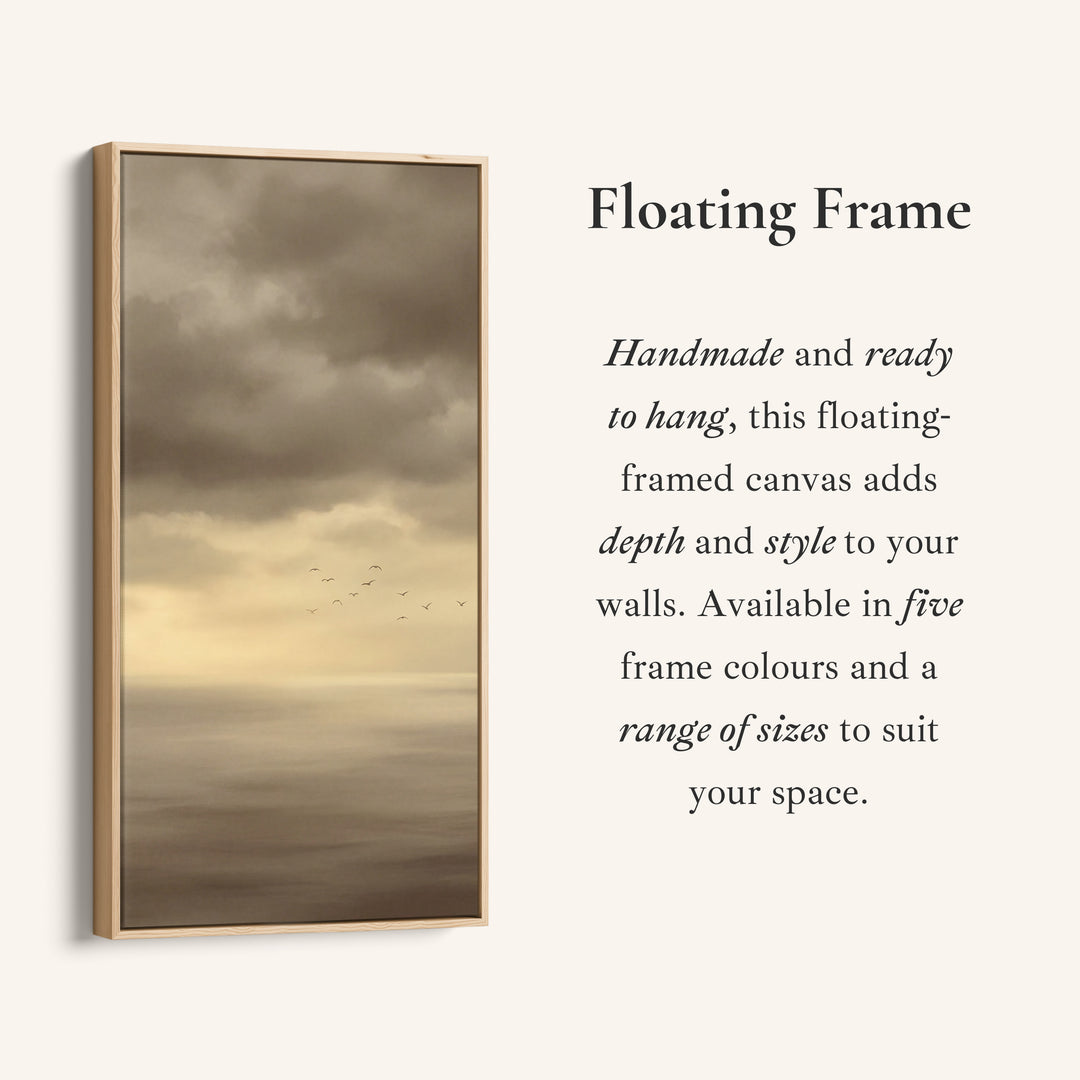 Tall Framed Canvas Foggy Seascape With Birds Tall Canvas For Living Room