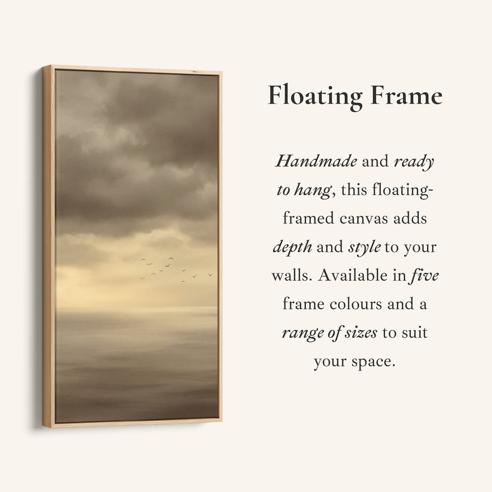 Tall Framed Canvas Foggy Seascape With Birds Tall Canvas For Living Room