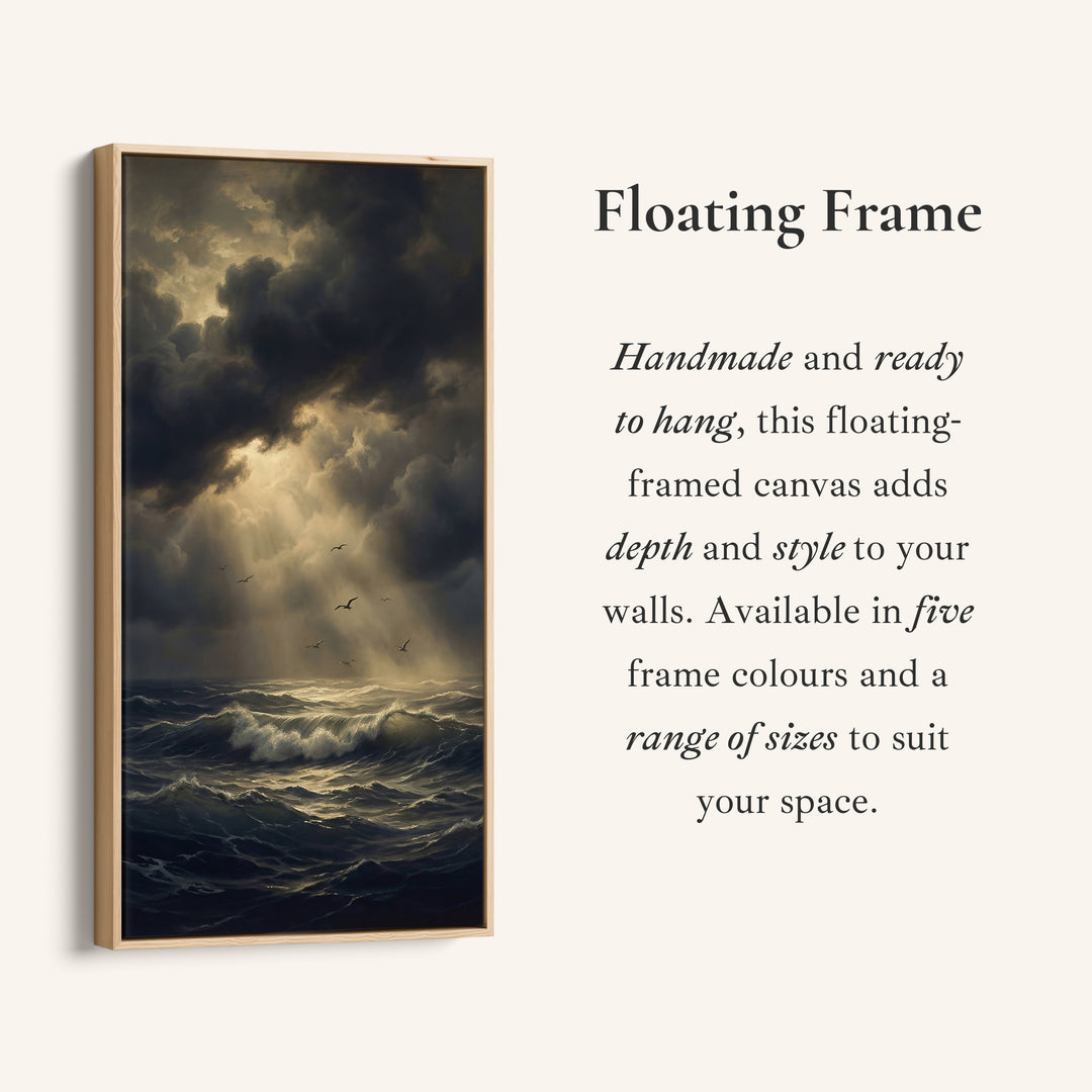 Dramatic Storm Ocean Sun Rays Tall Narrow Canvas Framed Canvas Print For Bedroom