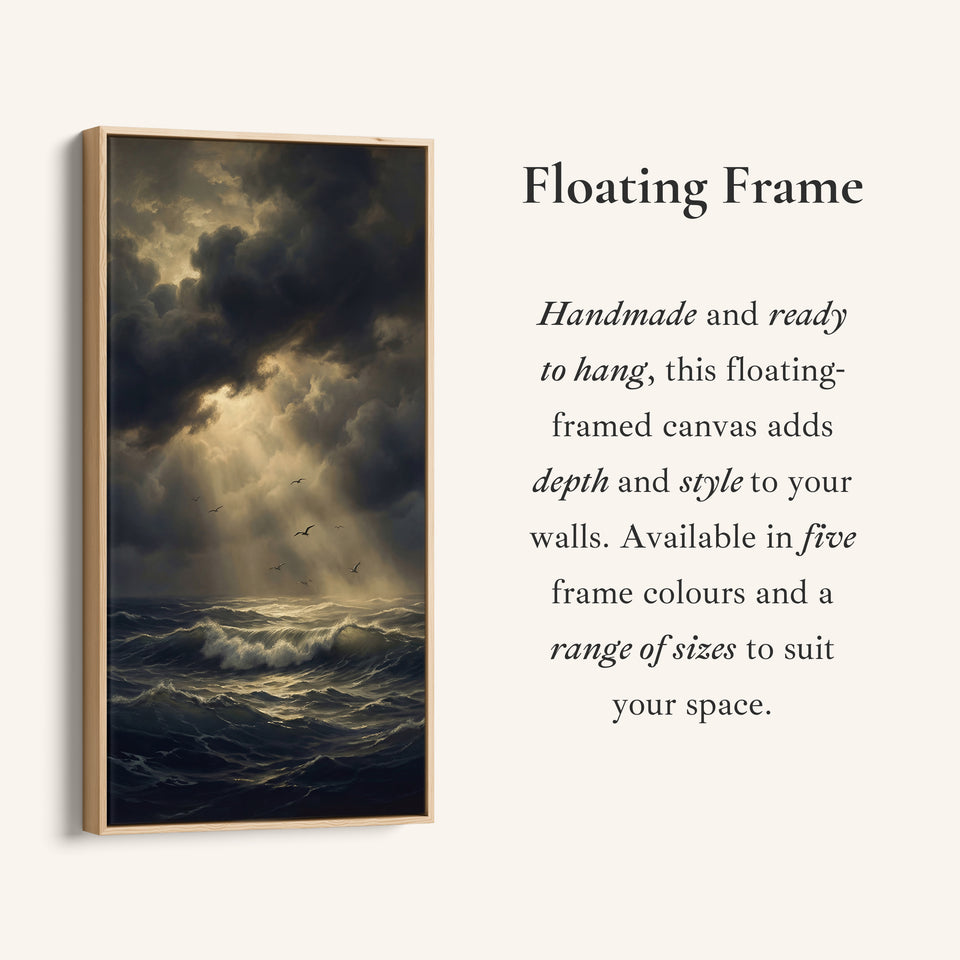 Dramatic Storm Ocean Sun Rays Tall Narrow Canvas Framed Canvas Print For Bedroom