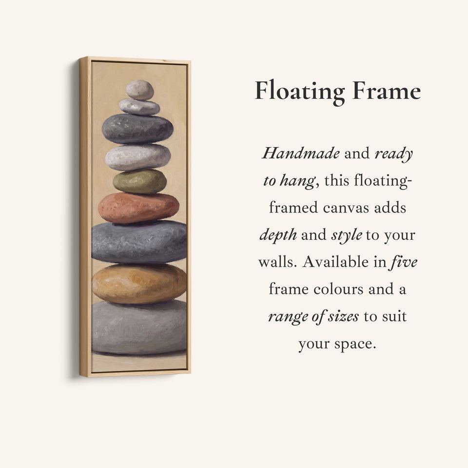 Corner detail of the Stacked Stones Tall Wall Art for Bedroom Calm Neutral Canvas canvas in a floating frame