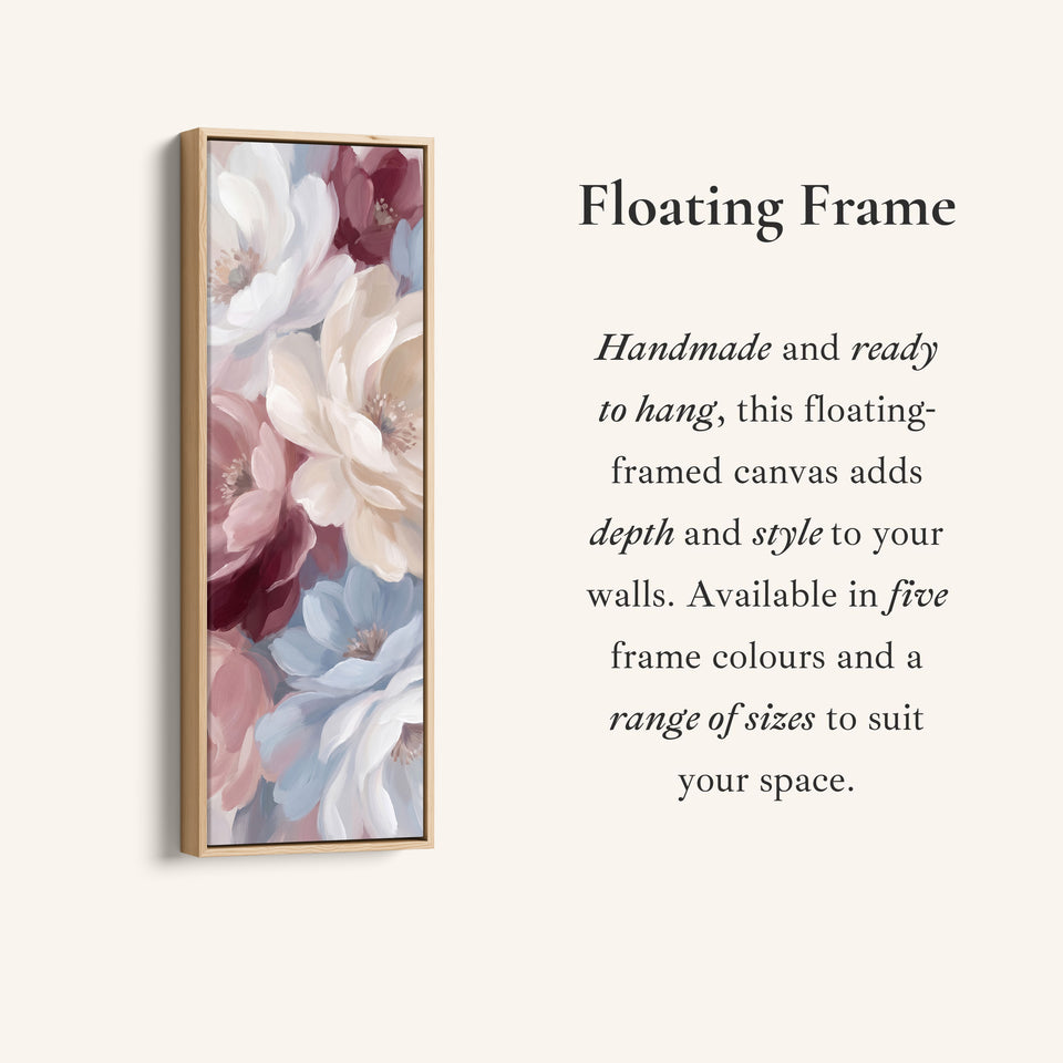 Corner detail of the Soft Romantic Peonies Tall Narrow Wall Art for Bedroom canvas in a floating frame