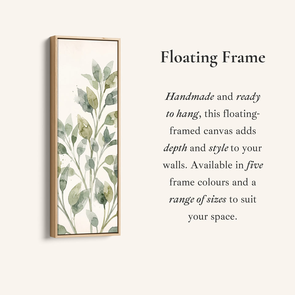 Corner detail of the Hallway Wall Art Long Narrow Watercolor Leaf Stems canvas in a floating frame