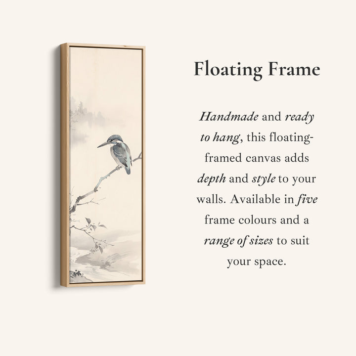 Corner detail of the Tall Wall Art Kingfisher on a Branch Japanese Ink Style for Office canvas in a floating frame