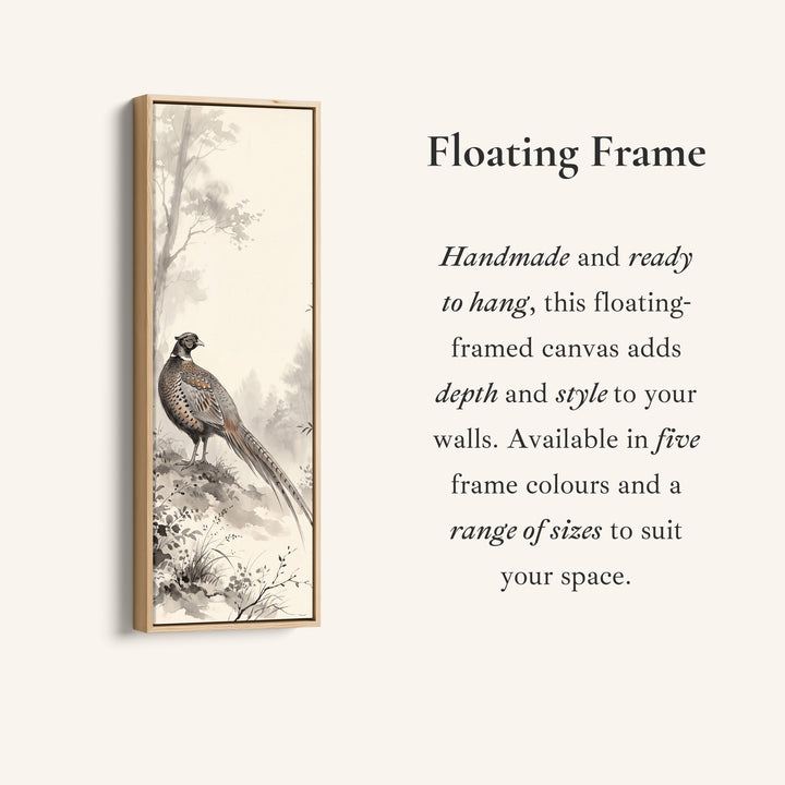Corner detail of the Pheasant in the Mist Vertical Wall Art Japanese Ink Style for Hallway canvas in a floating frame