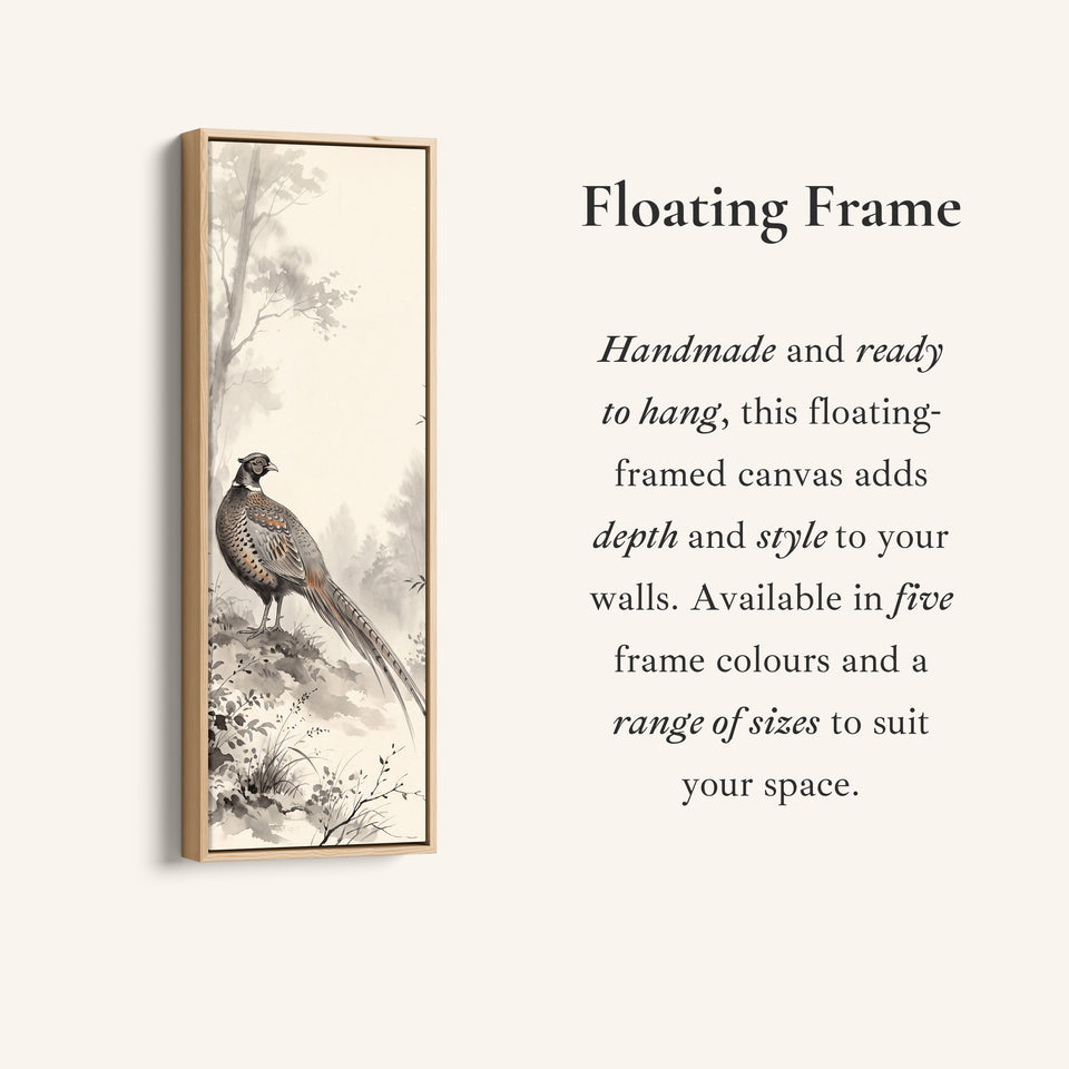 Corner detail of the Pheasant in the Mist Vertical Wall Art Japanese Ink Style for Hallway canvas in a floating frame