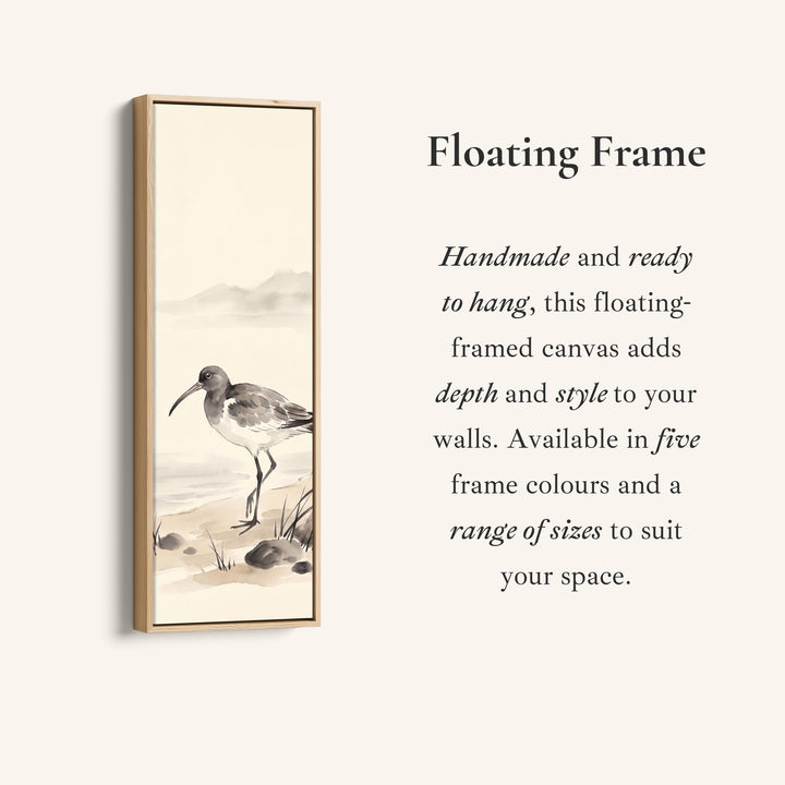 Corner detail of the Quiet Coastal Curlew on the Shore Tall Narrow Wall Art for Bedroom canvas in a floating frame