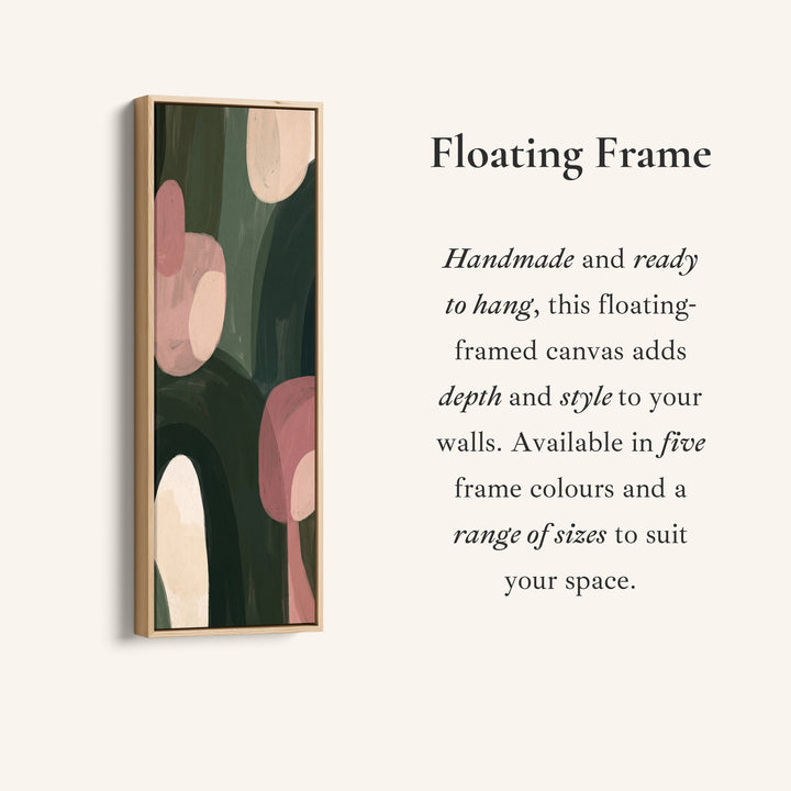 Corner detail of the Living Room Wall Art Vertical Pink and Green Abstract Shapes canvas in a floating frame