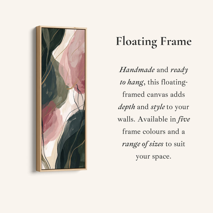 Corner detail of the Blush Botanical Abstract Vertical Wall Art for Living Room canvas in a floating frame