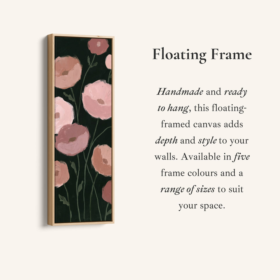 Corner detail of the Moody Pink Poppies on Black Tall Wall Art for Dining Room canvas in a floating frame