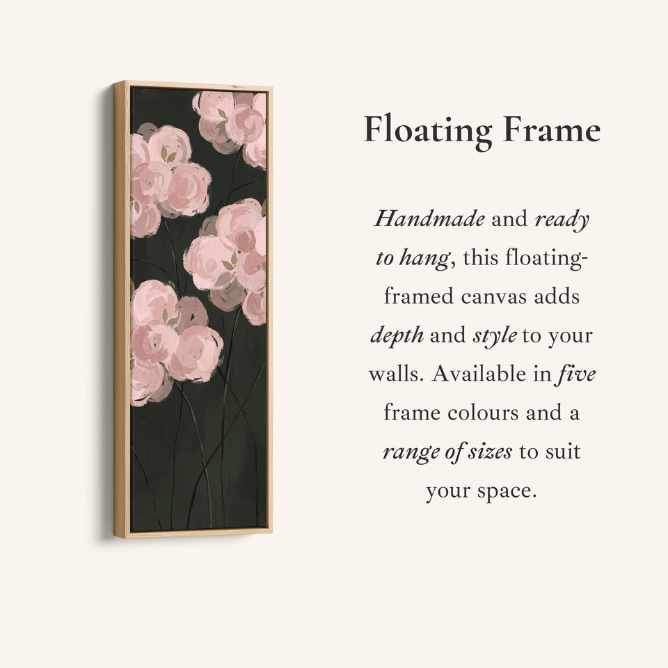 Corner detail of the Bedroom Wall Art Tall Narrow Pink Roses on a Dark Background canvas in a floating frame