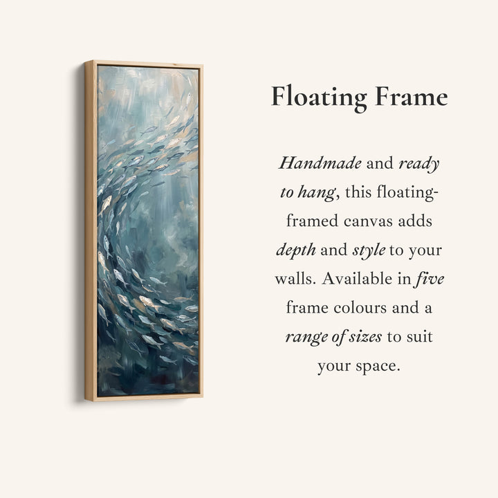 Corner detail of the Vertical Wall Art Swirling Shoal of Fish Underwater for Hallway canvas in a floating frame