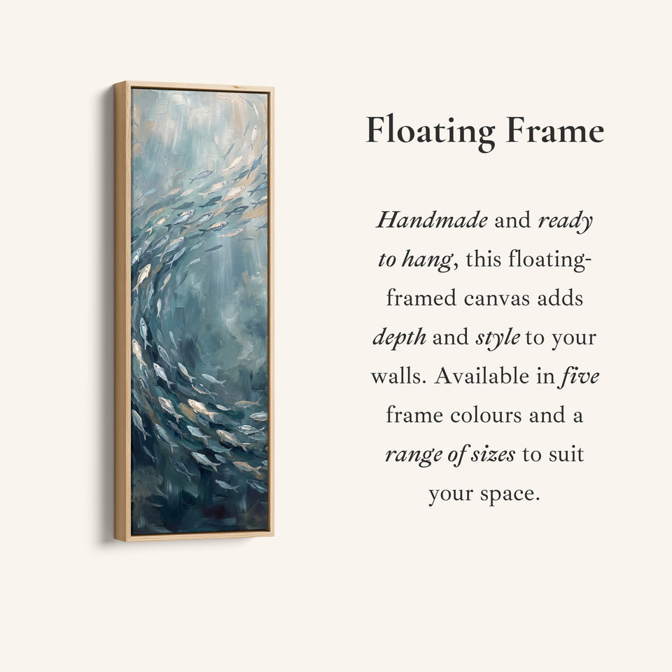 Corner detail of the Vertical Wall Art Swirling Shoal of Fish Underwater for Hallway canvas in a floating frame