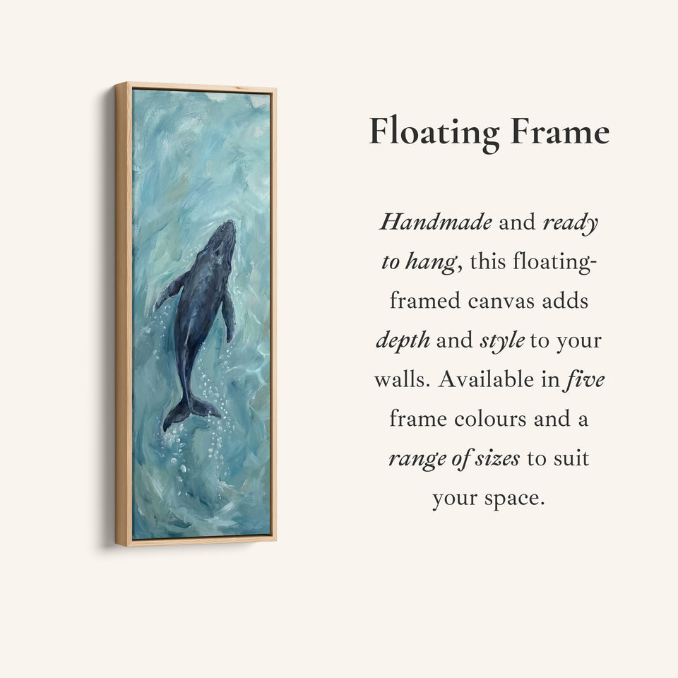 Corner detail of the Deep Blue Ocean Diving Whale Long Narrow Wall Art for Bedroom canvas in a floating frame