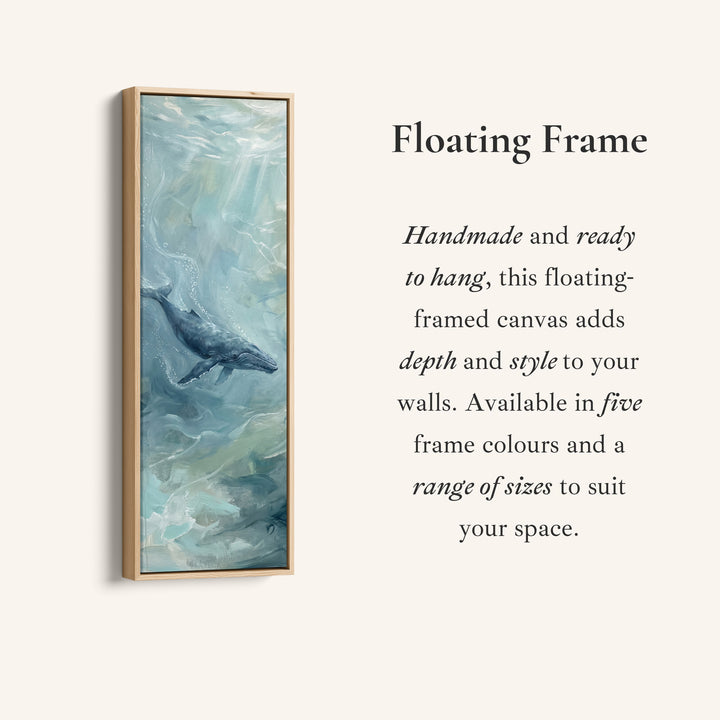 Corner detail of the Office Wall Art Vertical Whale Swimming in Blue Green Water canvas in a floating frame
