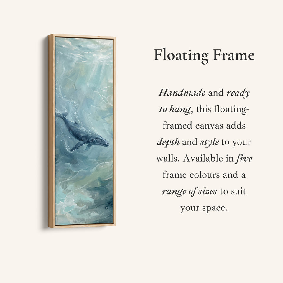 Corner detail of the Office Wall Art Vertical Whale Swimming in Blue Green Water canvas in a floating frame