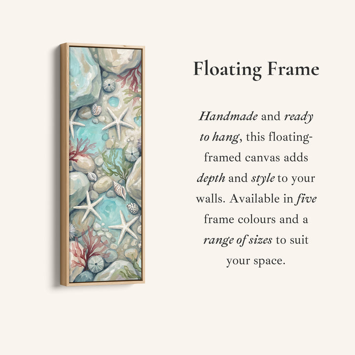 Corner detail of the Tall Narrow Wall Art Rock Pool with Starfish and Shells for Hallway canvas in a floating frame