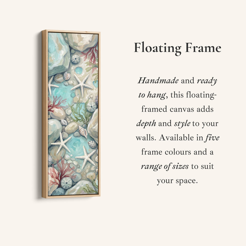 Corner detail of the Tall Narrow Wall Art Rock Pool with Starfish and Shells for Hallway canvas in a floating frame