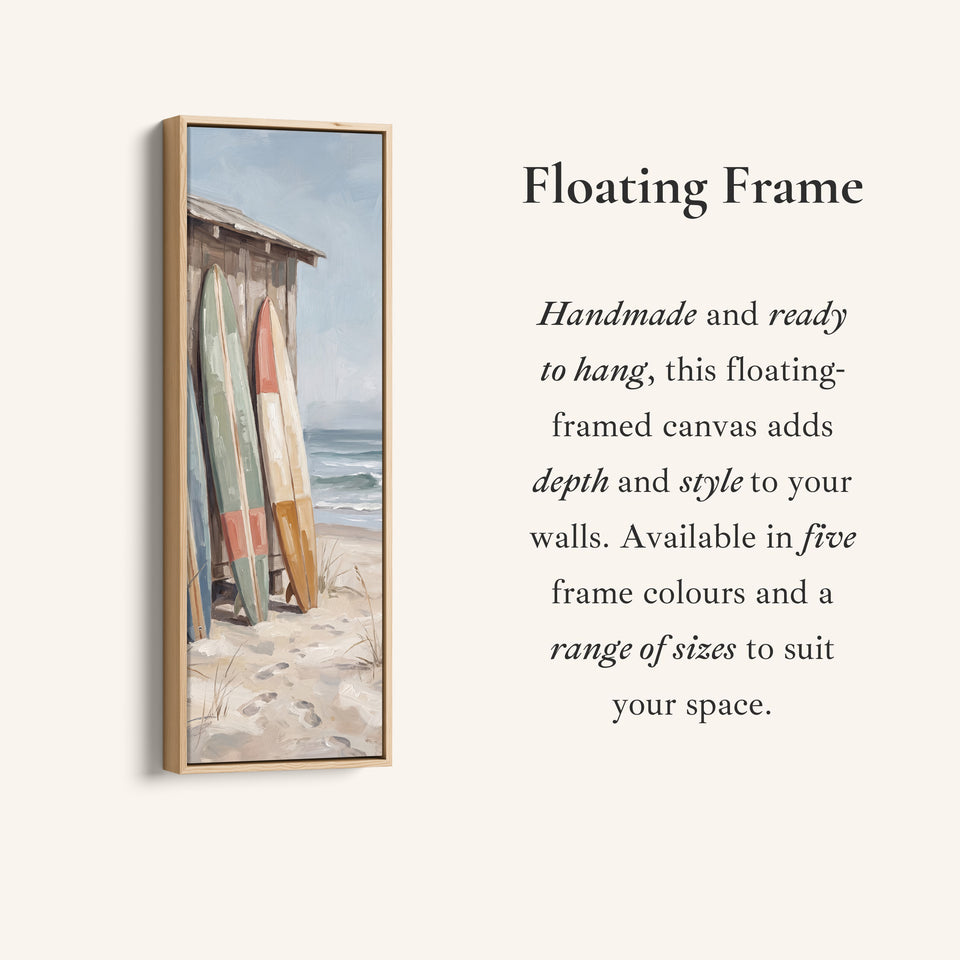 Corner detail of the Surfboards by the Beach Shack Vertical Wall Art for Hallway canvas in a floating frame