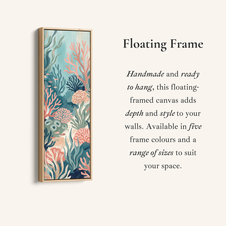 Corner detail of the Colourful Underwater Coral Reef Tall Wall Art for Kids Room canvas in a floating frame