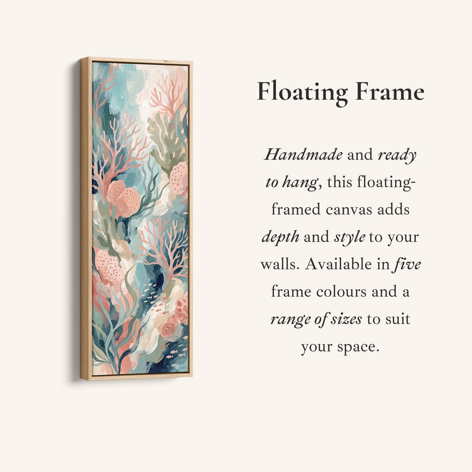 Corner detail of the Bedroom Wall Art Tall Narrow Pastel Coral Reef Canvas canvas in a floating frame