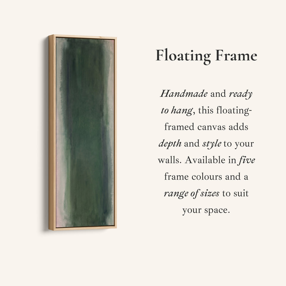 Corner detail of the Vertical Wall Art Deep Green Colour Field Abstract for Office canvas in a floating frame
