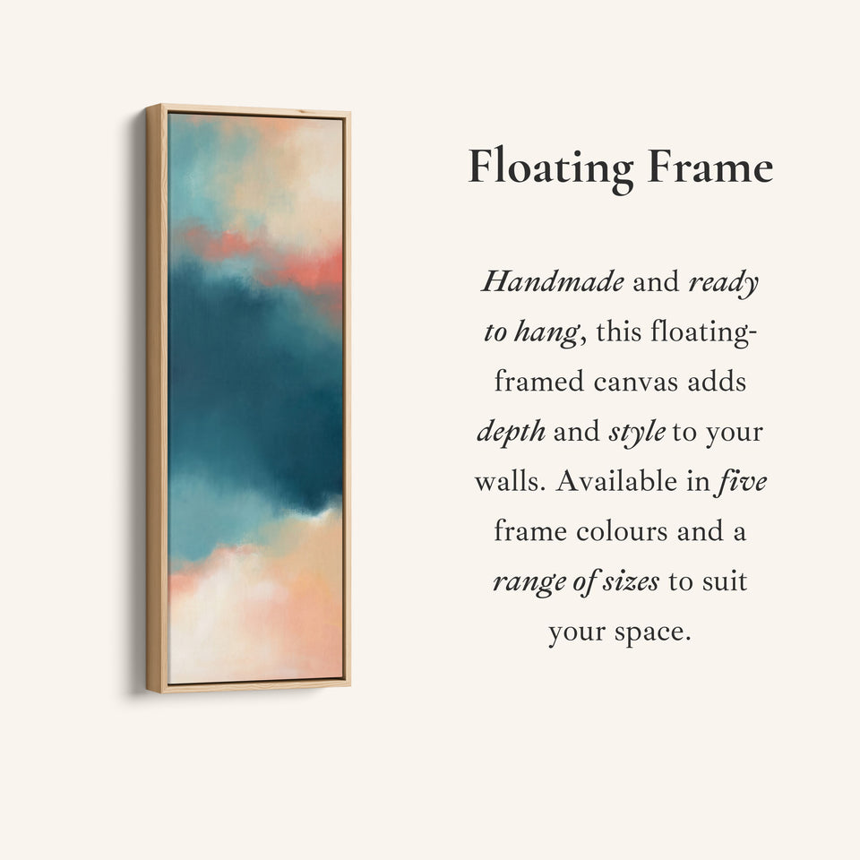 Corner detail of the Teal Sky Colour Field Tall Wall Art for Living Room canvas in a floating frame